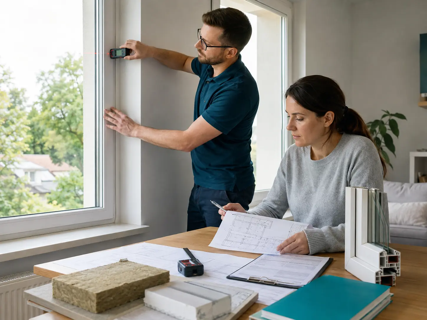 Energieberater vermisst mit einer Eigentümerin Fenster und Gebäudehülle für einen Bedarfsausweis