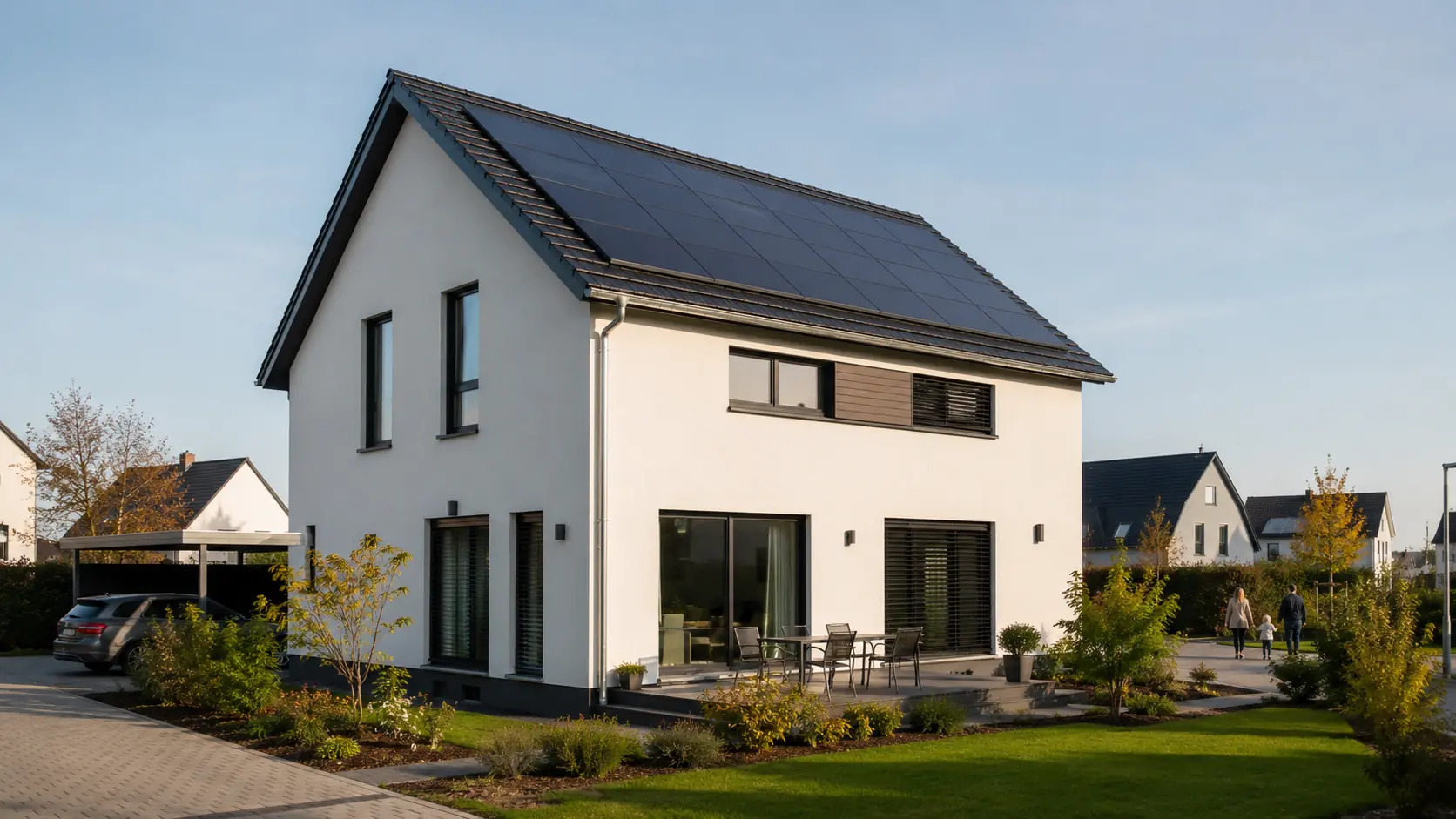 Energieeffizienter Neubau mit kompakter Gebäudeform, Verschattung und Photovoltaikanlage