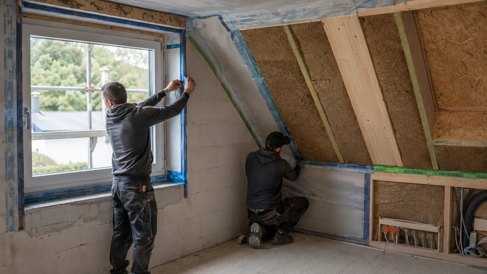 Handwerker stellen die luftdichte Ebene an Fenster und Dach eines Neubaus her