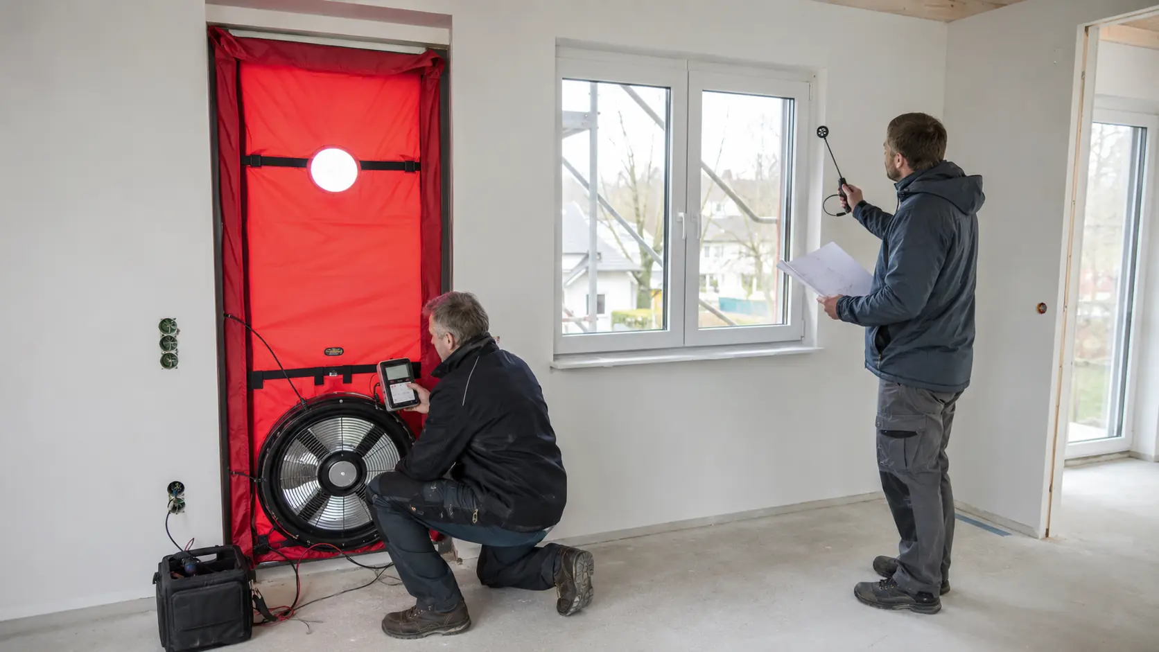 Energieberater führen eine Luftdichtheitsmessung im Neubau durch