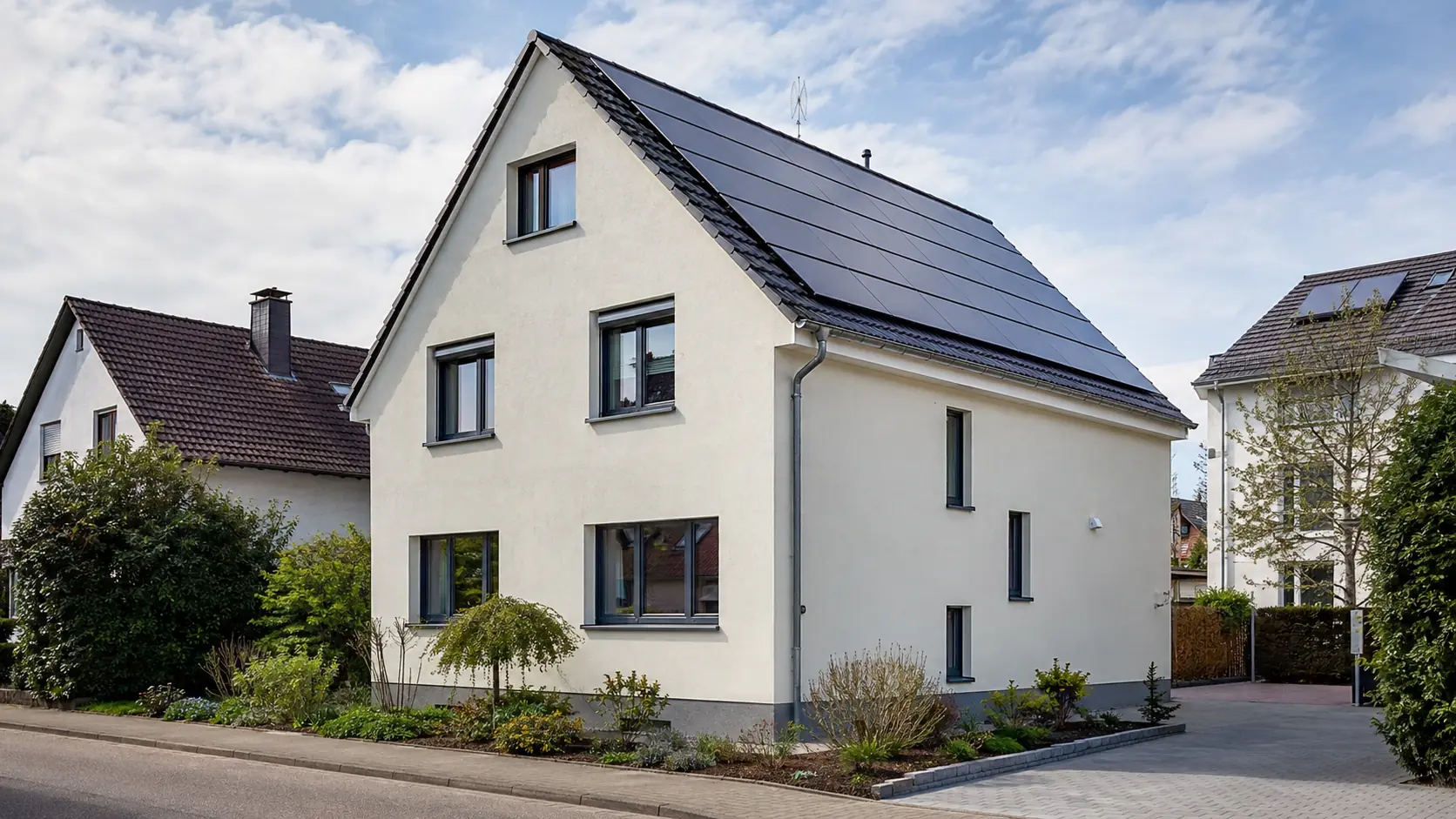 Energetisch saniertes Einfamilienhaus mit neuer Fassade, modernen Fenstern und Photovoltaikanlage