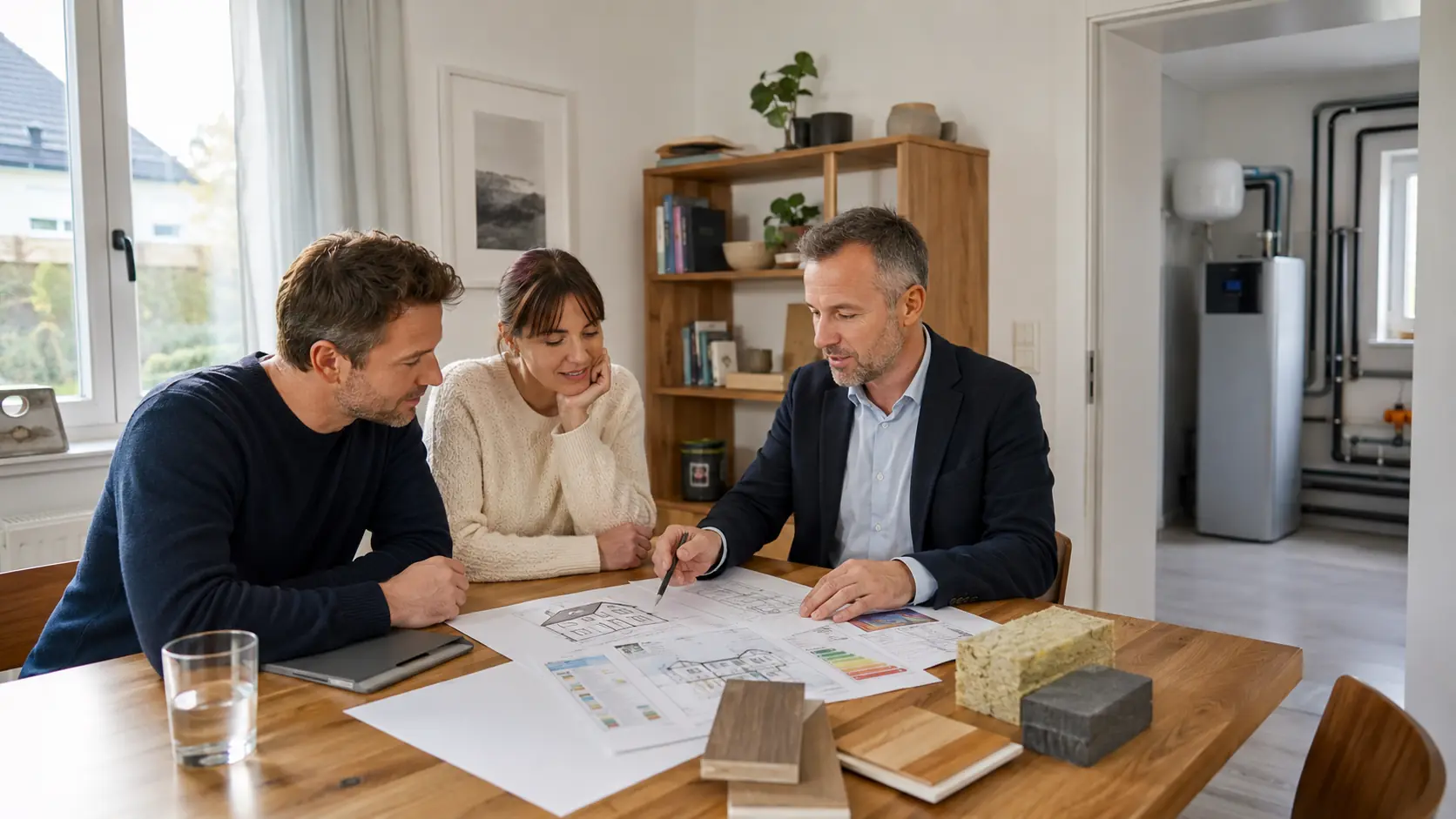 Energieberater bespricht mit Hauseigentümern die Sanierungsplanung und neue Haustechnik