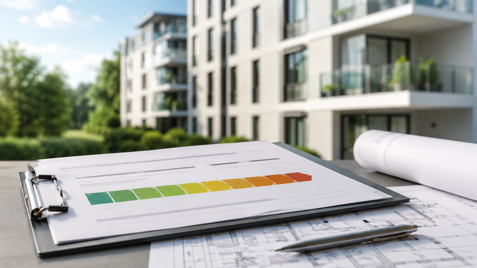 Energieausweis mit farbiger Energieeffizienzskala vor einem Wohngebäude