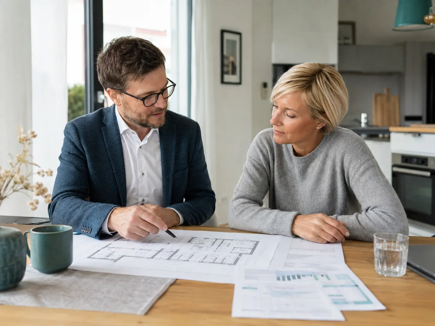Energieberater erläutert einer Eigentümerin die passende Energieausweisart anhand von Gebäudeunterlagen