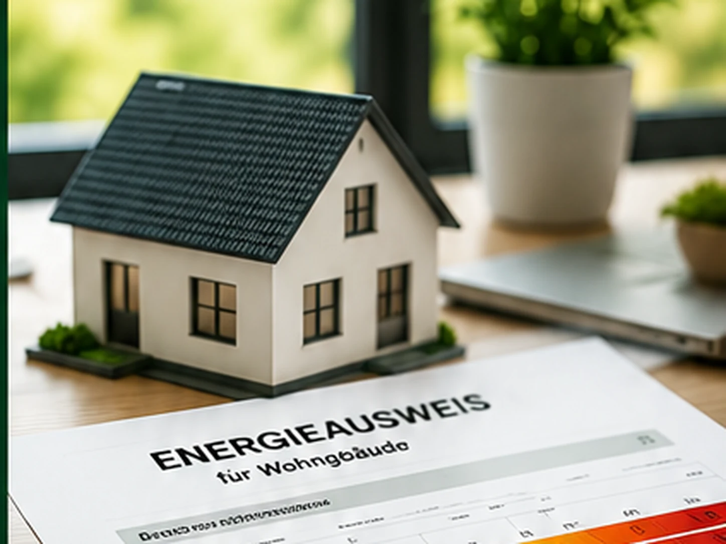 Energieausweis mit Effizienzskala neben einem Wohnhausmodell