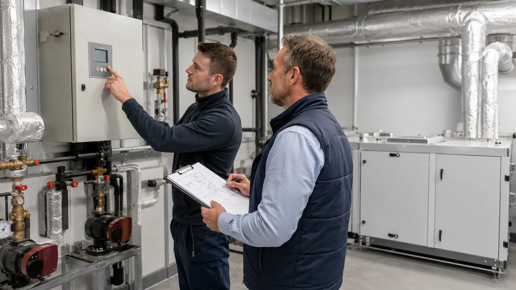 Techniker und Energieberater optimieren Heizungs- und Lüftungstechnik eines Gewerbegebäudes