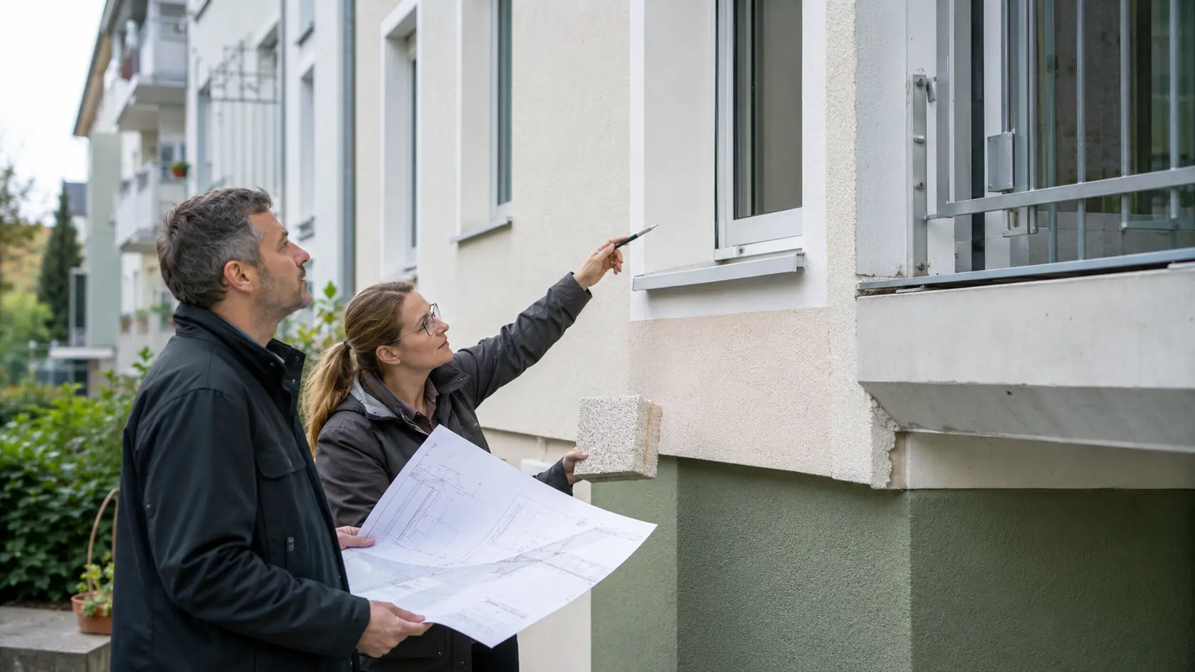 Fachplaner prüfen Fenster- und Balkonanschlüsse an der Fassade eines Mehrfamilienhauses