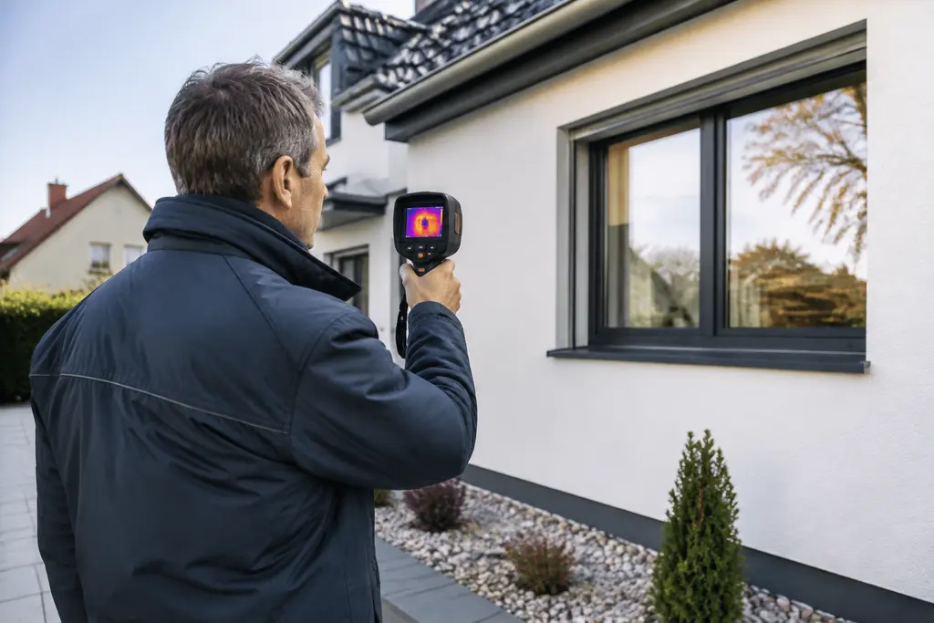 Energieberater bei der Wärmebildanalyse eines Wohnhauses