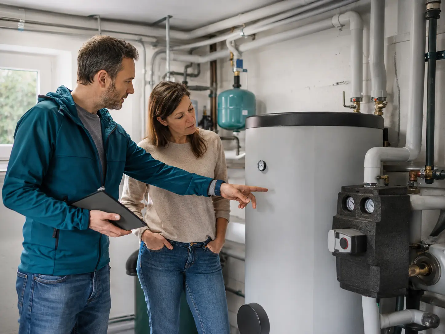 Energieberater prüft mit einer Eigentümerin eine bestehende Heizungsanlage