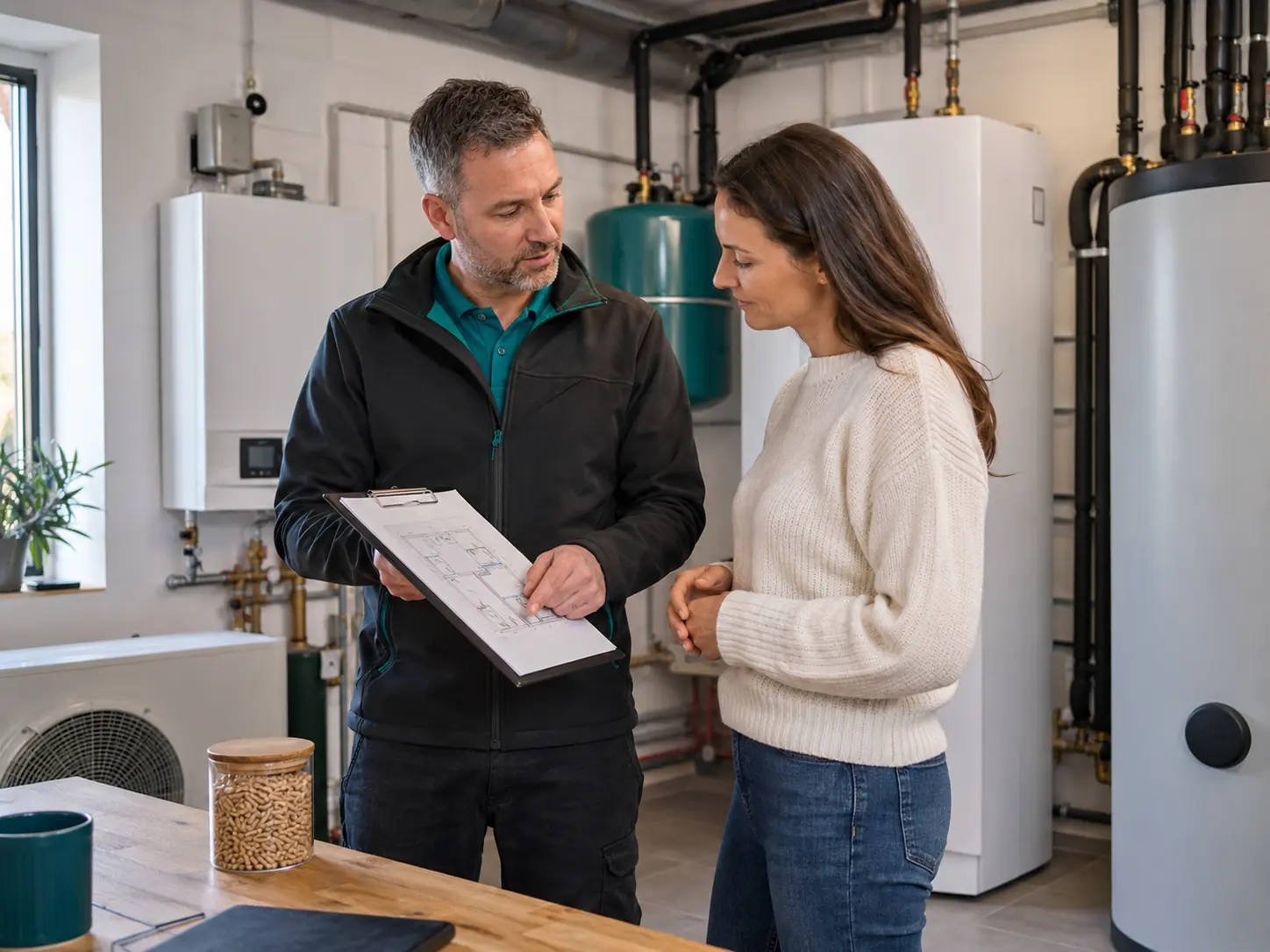 Energieberater vergleicht mit einer Eigentümerin verschiedene Heizsysteme