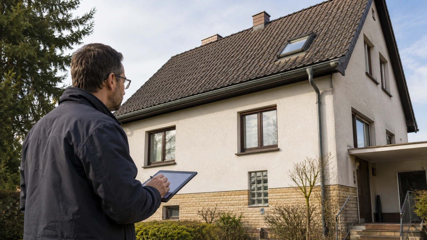 Energieberater analysiert Gebäudehülle und energetischen Zustand eines Wohnhauses
