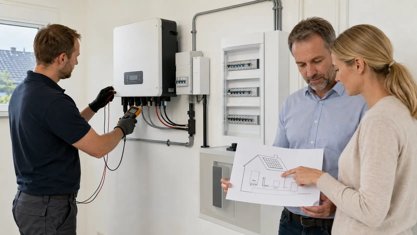 Elektrofachkraft prüft den Wechselrichter einer Photovoltaikanlage im Wohnhaus