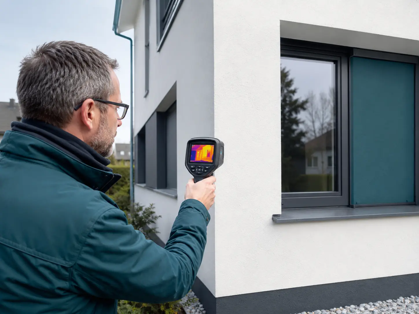 Energieberater prüft die Gebäudehülle mit einer Wärmebildkamera