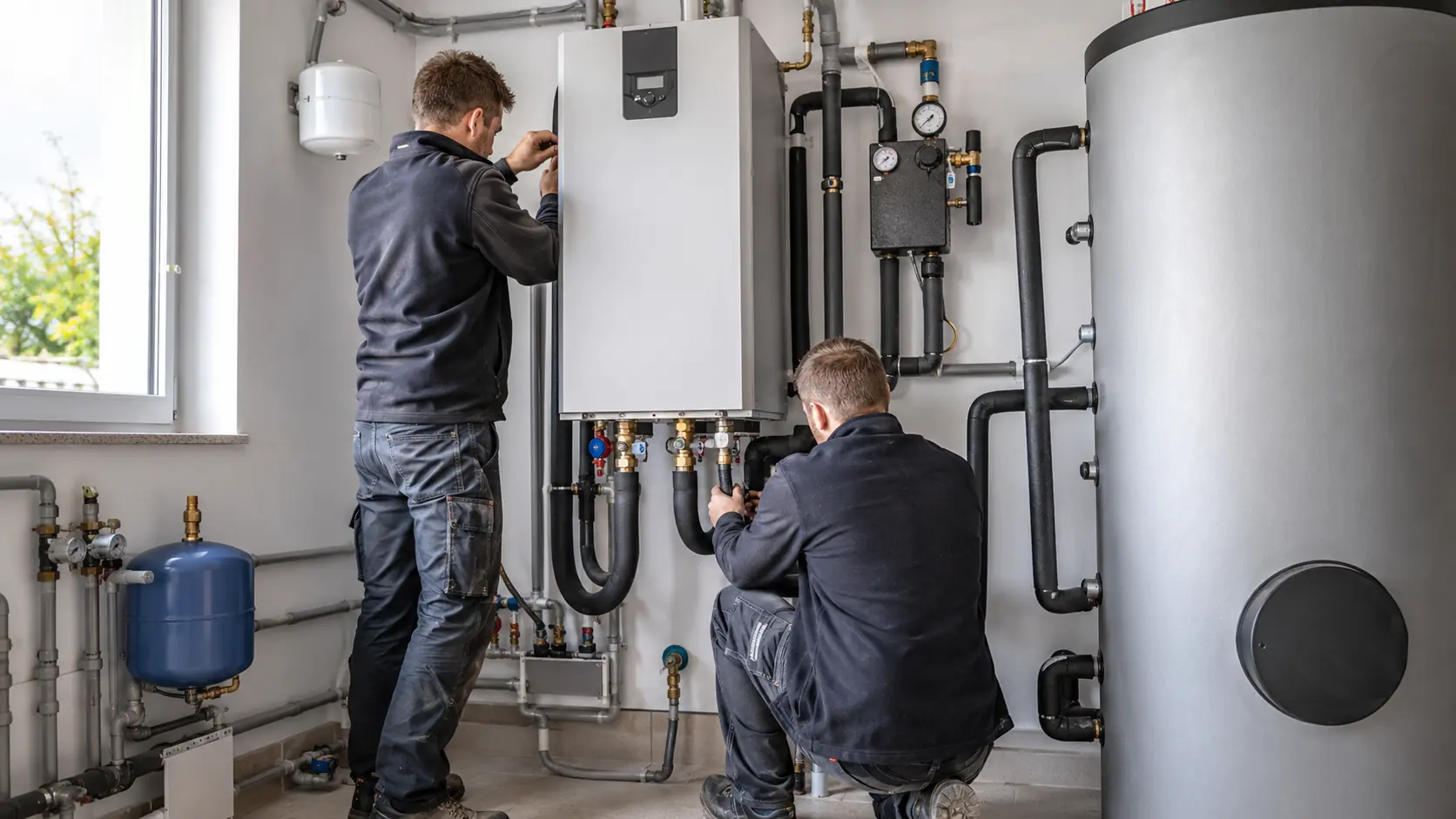 Heizungsfachkräfte installieren das Innenmodul und den Speicher einer Wärmepumpenanlage